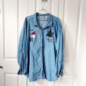 Christmas Tree & Snowman Chambray/Denim Shirt‎ Size 26W/28W Bobbie Brooks